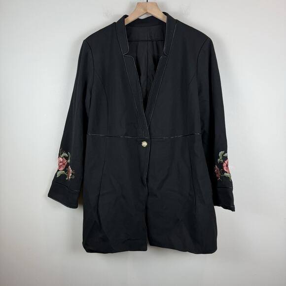 Chico’s Floral Embroidered Ponte Long Jacket Coat 2 US L Black One Button Boho - Picture 1 of 9